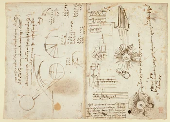 Notizen und grobe Diagramme (seitlich); mathematische Berechnungen (seitlich), aus 