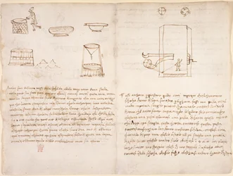 Notizen und grobe Skizzen zum Herstellungsprozess von Salpeter zur Vorbereitung von Schießpulver (nicht von Leonardo)