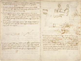 Fünf Methoden zur Herstellung verschiedener Klebstoffe und der Prozess des Glühens von Eisen, begleitet von groben Skizzen (nicht von Leonardo) aus dem 