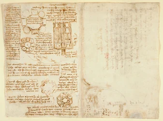 Arundel 263 f.270v, f.263, Zeichnungen von Leonardo Da Vinci über mechanische Kräfte, Schwerkraft, Bewegung, Optik und Astronomie, mit verschiedenen arithmetischen und geometrischen Propositionen