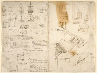 Skizzen von Scharnierlampen; Notizen zur Mechanik; mathematische Berechnungen; geometrische Skizzen