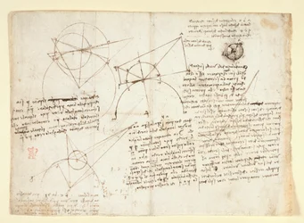 Die Rückseite eines einzelnen großen Blattes, ehemals entlang des rechten Randes gebunden und in das Notizbuch gefaltet. Notizen und Diagramme zur Optik, betreffend Alhazens Problem; schematische Skizze eines Augapfels begleitet von Notizen zu L