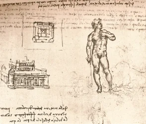 Zeichnung von Plänen für ein Schloss und einer nackten Figur, gewaschen mit indischer Tinte, ca. 1472-1519