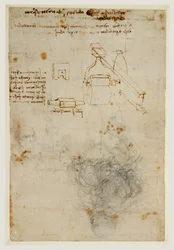 Kopf eines alten Mannes und Studien von Maschinen, ca. 1503-06 (schwarze Kreide, Feder und braune Tinte)