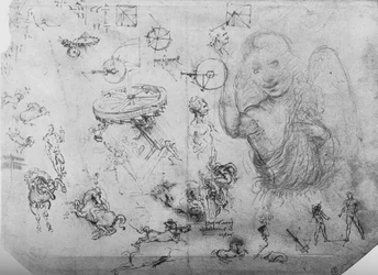 Studien eines Engels, von Reitern und anderen Figuren, um 1480, 1945