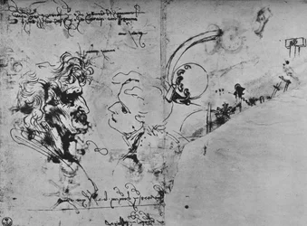 Zwei Profile und Studien von Maschinen, ca. 1480, 1945