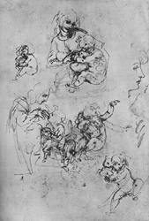 Zwei Studien der Madonna und des Kindes mit einer Katze und drei Studien des Kindes, 1475-1481