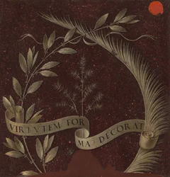 Kranz aus Lorbeer, Palme und Wacholder mit einer Schriftrolle beschriftet Virtutem Forma Decorat [Rückseite], ca. 147