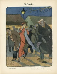 Illustration von Leonce Burret (1865-1915) in Le Smile, Nr. 4, 23/01/13 - Les petites - Nocturne, Prostitution, Papierkasserollen, Stehlampe, Pelz