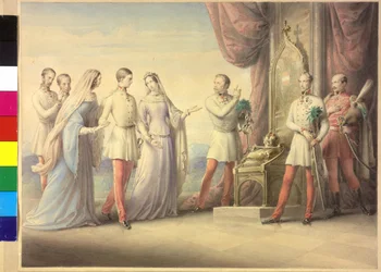 Kaiserin Maria Anna und Erzherzogin Sophie mit Kaiser Franz Joseph I.