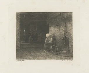 Interieur mit Frau am Kamin