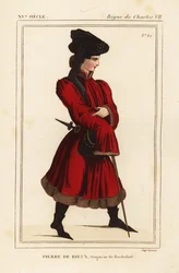 Pierre de Rieux, Herr von Rochefort 1389-1439. Handkolorierte Lithographie nach einem Porträt im Portfolio VI 136 von Roger de Gaignieres aus Le Bibliophile Jacob alias Paul Lacroix