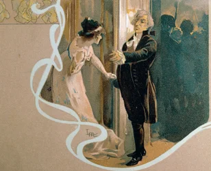 Illustrierte Postkarte von Leopoldo Metlicovitz (1868-1944) zeigt Szene aus Tosca, Oper von Giacomo Puccini (1858-1924)