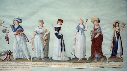 Verschiedene junge Frauen, die die weibliche Mode während der Revolution darstellen