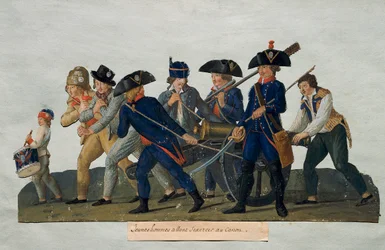 Französische Revolution: Junge Männer üben mit der Kanone. Gravur der Brüder Lesueur (18. Jahrhundert)