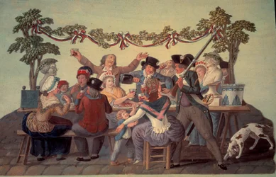 Französische Revolution von 1789: „Das republikanische Mahl“. Gouache der Lesueur-Brüder (18. Jahrhundert)