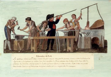 Französische Revolution von 1789: „Herstellung von Gewehren“ Die verschiedenen Phasen der Waffenherstellung durch Schmiede. Gouache der Brüder Lesueur