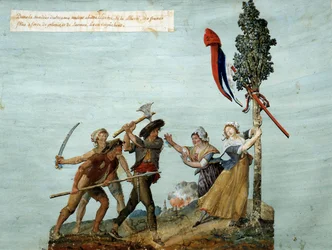 Französische Revolution: Räuber versuchen, den Baum der Freiheit zu fällen, junge Mädchen in Tränen hindern sie daran. Gouache der Brüder Lesueur (1793)