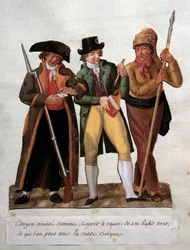 Französische Revolution: „Verdächtiger Bürger wegen seines grünen Habits verhaftet“ Gouache der Brüder Lesueur (18. Jahrhundert). Musée Carnavalet, Paris