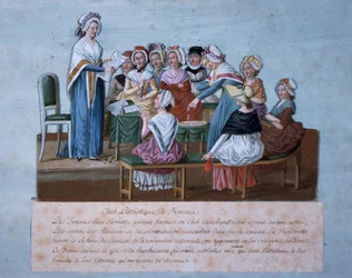Treffen des patriotischen Frauenclubs, von Jean-Baptiste Lesueur, kolorierter Druck, Frankreich, Französische Revolution