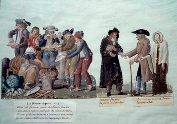 Szenen unter der Französischen Revolution: „Brotknappheit, Geldverkäufer und Rentner, die ihre Effekte verkaufen“. Gouache der Brüder Lesueur, um 1789. Musée Carnavalet, Paris