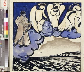Der Krieg. Russland. 1914. Allegorie des Ersten Weltkriegs. Ein Soldat und Engel. Feder und Gouache von Lew Bruni (1894-1948)