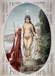 Allegorie Italiens auf einem Sockel aus Steuern und Gebühren, Kalender der Pfeife, Jahr 1878, Italien