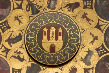 Schloss, Detail des Kalenderzifferblatts, unter der astronomischen Uhr des Altstädter Rathauses, Prag (UNESCO-Welterbeliste)