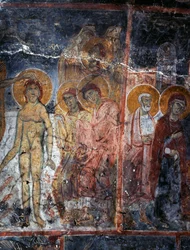 Christus, Madonna und Heilige, Fresko im Kloster Agios Georgios, Diavaide, Kreta, Griechenland