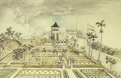 Niederländisches Haus mit umschlossenem Garten auf der Insel Java, Indonesien, Gravur
