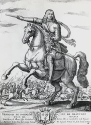 Reiterporträt von Franz von Bourbon-Vendome (1616-1669), zweiter Herzog von Beaufort und französischer General, Gravur von Nicolas de La Fage (1600?-1655)