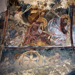 Fresko von Heiligen in der byzantinischen Kirche Agios Georgios Xifoforos, Apodoulou, Kreta, Griechenland (Foto)