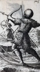 Jäger mit Bogen und Pfeil auf kurzen Skiern, Illustration aus De Calceo Antiquo, von B Balduinus