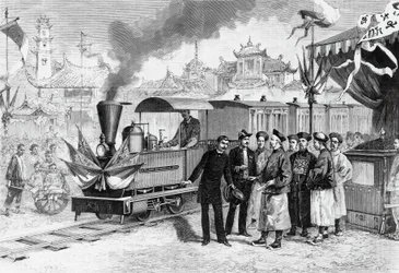 Einweihung der ersten französischen Eisenbahn in China, die Tianjin mit Tangshan verbindet, 20. November