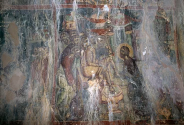 Jesus und die Fußwaschung, Fresko in der byzantinischen Kirche Agios Athanasios, Kefali, Kreta, Griechenland