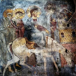 Jesus zieht auf einem Esel in Jerusalem ein, Fresken im Kloster Panagia Antifonitria, Myriokefala, Kreta, Griechenland (Foto)