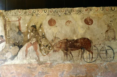 Reise in die Unterwelt, Fresko aus der Nekropole in Andriuolo-Laghetto in Paestum, Kampanien, Italien, antike griechische Zivilisation, Magna Graecia, 4. Jahrhundert v. Chr.