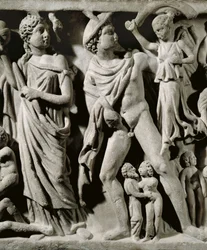 Marmorsarkophag, Relief darstellend den Mythos von Prometheus, Detail, Hermes und eine der Parzen, aus Arles