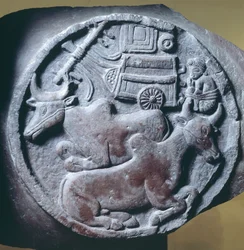 Medallion dekoriert im Relief von der Balustrade der Stupa von Bharhut, buddhistisches Denkmal, Madhya Pradesh, Indien, indische Zivilisation, 2. Jahrhundert v. Chr.