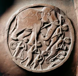 Medallion mit Affen und Elefanten, Relief von der Stupa von Bharhut, buddhistisches Denkmal, Madhya Pradesh, Indien, indische Zivilisation, 2. Jahrhundert v. Chr.