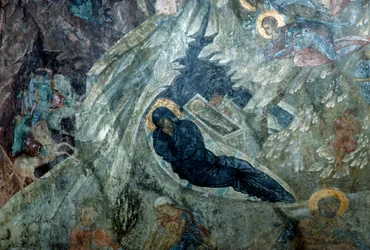 Geburt Christi, Fresko im Kloster Panagia Perivleptos, byzantinische Stadt Mystras (UNESCO-Welterbeliste)