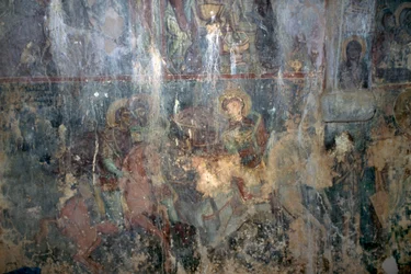 Heilige zu Pferd, Fresko in der byzantinischen Kirche Agios Athanasios, Kefali, Kreta, Griechenland