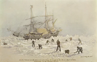 Vorfälle auf einer Handelsreise: HMS Terror, wie sie nach dem Aufwerfen durch das Eis im Frozen Channel am 27. September 1836 erschien