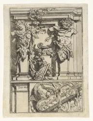 Zwei Karyatiden, eine Panflöte, Pfeil und Bogen und ein Schild