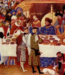 Der Herzog von Berry, sitzend unten rechts, mit dem Rücken zum Feuer, ist in Blau gekleidet und trägt eine Pelzmütze. Er lädt seine Leute und Verwandten ein, sich ihm zu nähern. Hinter ihm steht die Inschrift „Approche Approche“. Mehrere Vertraute des Herz