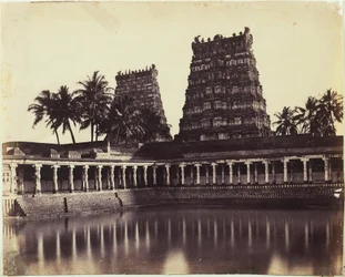 Madura. Die große Pagode, Mootoo Alaghur und Ost-Gopurum vom Tank aus