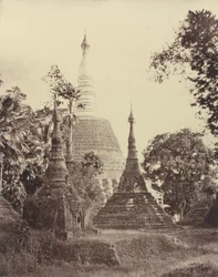 Rangoon: Nahansicht der Shwe-Dagon-Pagode, November 1855