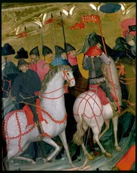 Berittene Soldaten, Detail vom Altarbild der Jungfrau und des hl. Georg, ca. 1390-1400