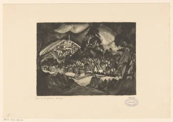 Hügellandschaft mit Bäumen und Gebäuden