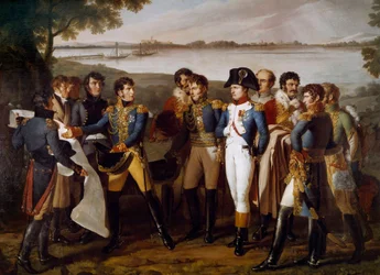Napoleon I. befiehlt am 19. Mai 1809 eine Brücke über die Donau bei Ebersdorf zu bauen. General Henri Gatien Bertrand (1773-1844) präsentiert die Pläne der Brücke, um die Insel Lobau zu überqueren. Detail. Gemälde von Ludovico Venuti (aktiv zwischen 1799-1